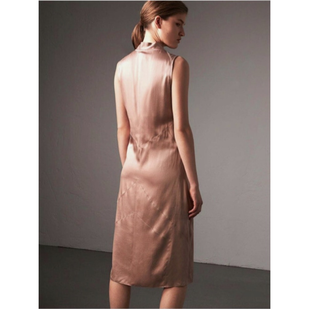 Burberry Women Size US 6 Antique Taupe Pink 100% Silk Tie-neck Midi Dress - Picture 2 of 10